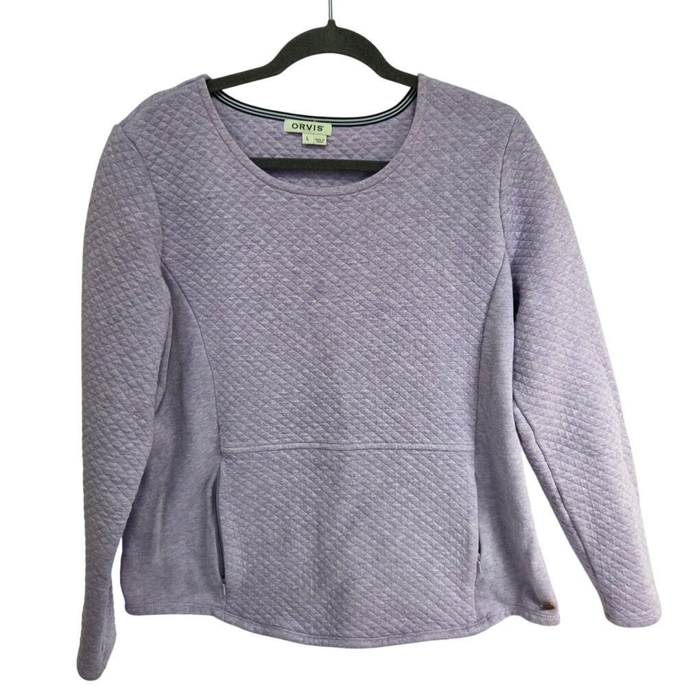 Orvis Womens Large Purple Quilted Long Sleeve Pullover Sweatshirt Zipper Pockets